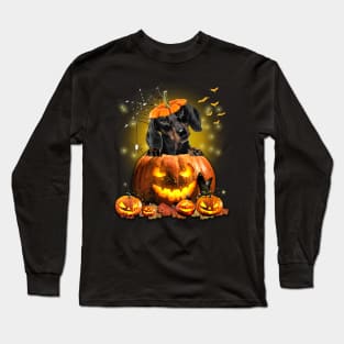 Black Dachshund Spooky Halloween Pumpkin Dog Head Long Sleeve T-Shirt